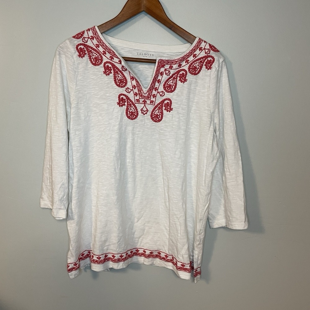 Talbots White Red Embroidered Tunic Top Paisley Boho Cotton 3/4 Sleeve Blouse Lp